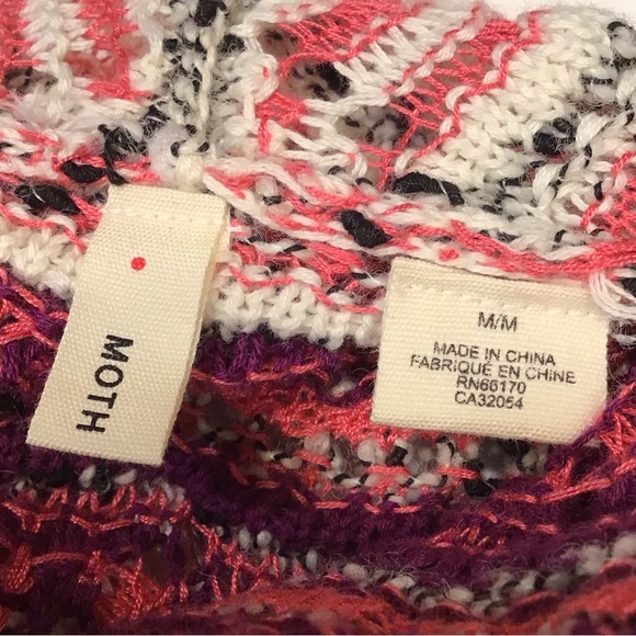 Moth Womens Crochet Cardigan Open Front Sweater Size M Fringe Stripes Poms Boho - Picture 12 of 15